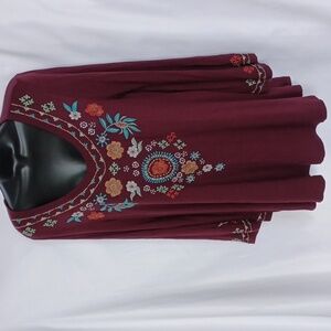 Caite Embroidered Burgundy Boho Floral Tunic Dress, L, 20" Ptp, 30" Long, Strech